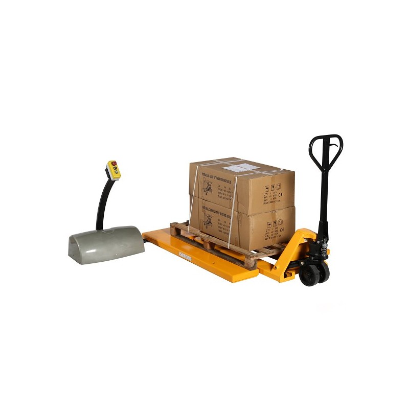 Mesa elevadora en U 1000kg platafroma baja con transpaleta y carga