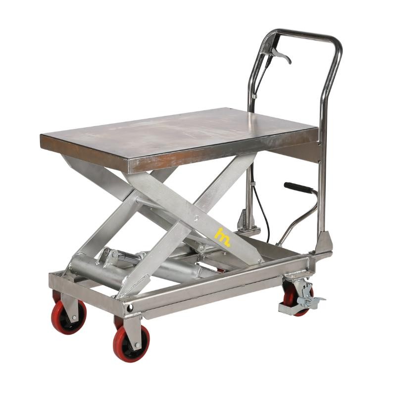 Vista de medio perfil de la mesa elevadora inoxidable 450 kg plataforma alta