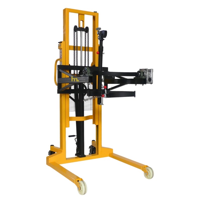 Vista en 3/4 del apilador Volteador de bidones 450kg - Uñas separación 850 mm para palets - Elevación 2100 mm