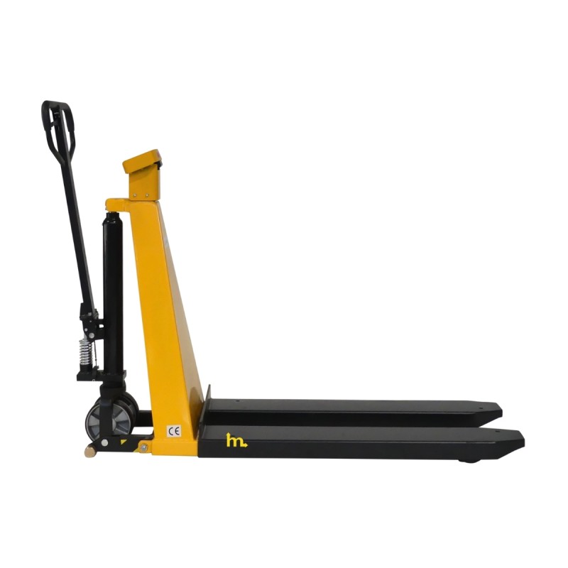 Vista de perfil de la transpaleta manual pesadora elevadora monocilíndrica 1500 kg