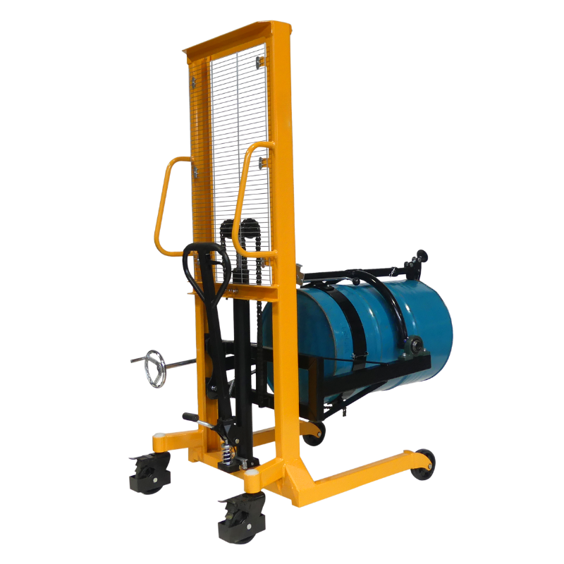 Apilador volteador de barriles 450 kg - Elevación 1500 mm vista trasera con barril